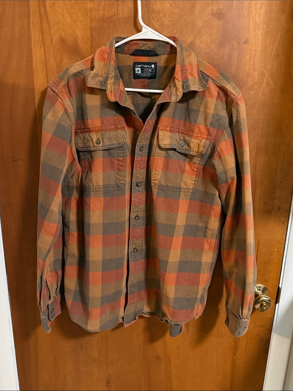 Carhartt Loose Fit Orange and Brown Plaid Work Shirt Jacket